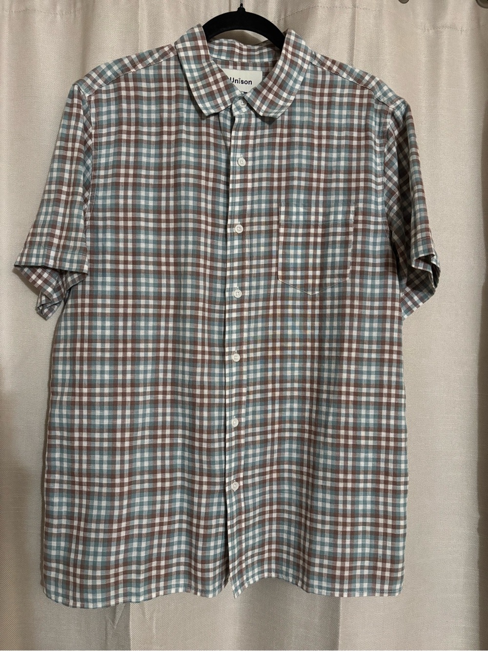 Unison Short-Sleeve Plaid Button-Down Shirt in Brown & Light Blue